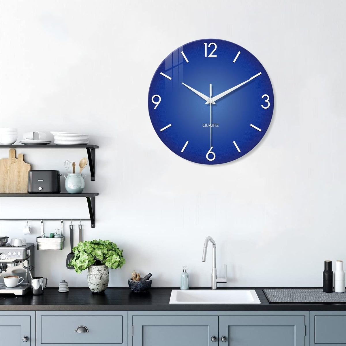 Large Blue Glass Wall Clock 20 Inch Modern | Battery Operated Silent Non Ticking Simple Minimalist Round Analog