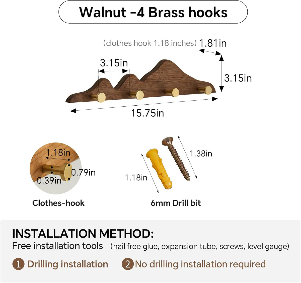 Wall Coat Rack, Walnut Wood, 4 Hooks | Elegant, Solid Coat Hanger Wall Mount, 4 Brass Hooks, Moisture-Resistant Wax Oil