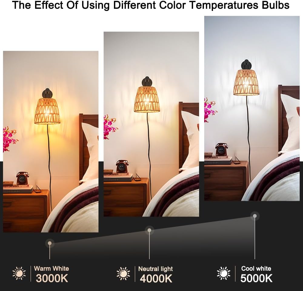 Boho Plug in Wall Sconce Set of 2 – Black Farmhouse Wall Lights with Rattan Shade | Bedroom & Living Room Plug in Wall