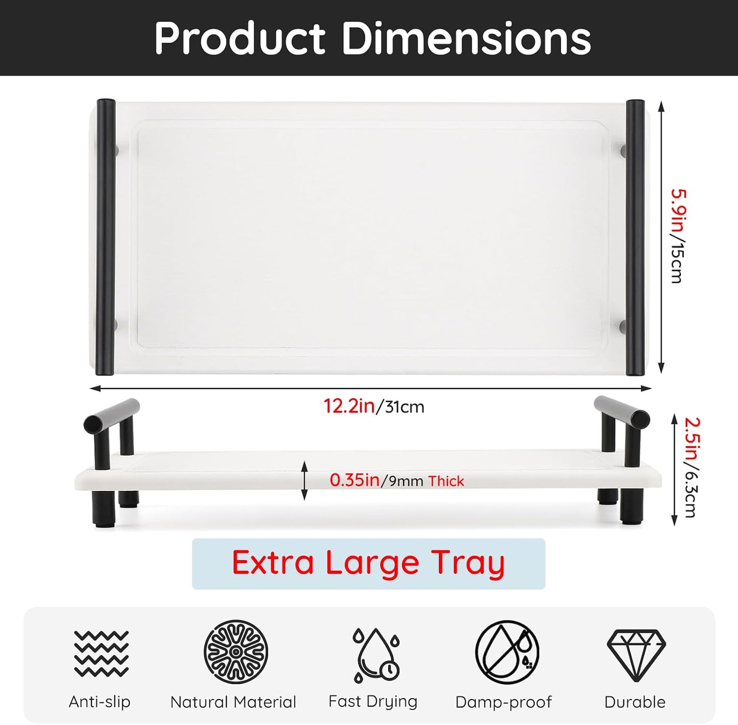 Large Bathroom Tray Stone Drying Mat / White / 12.2 x 5.9 x 2.5