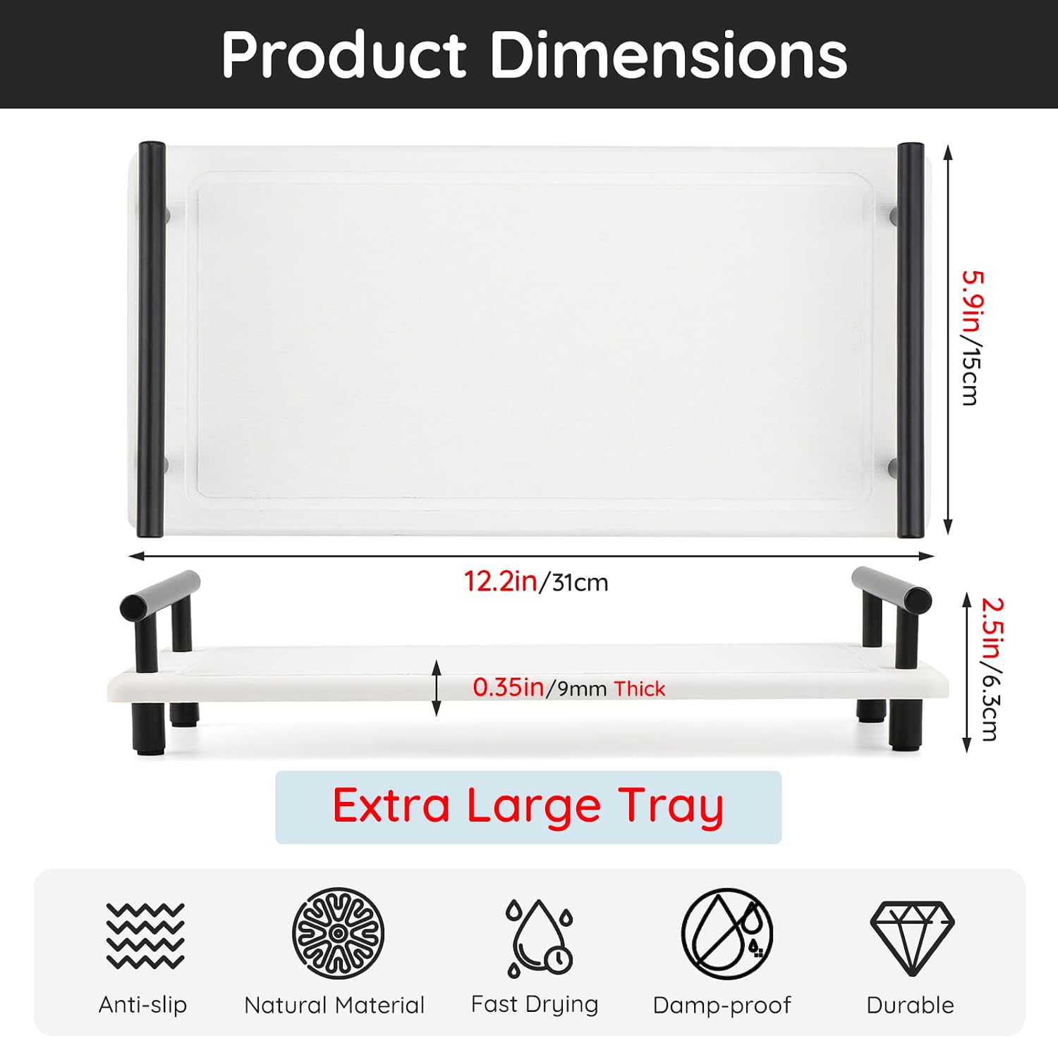 Large Bathroom Tray Stone Drying Mat / White / 12.2 x 5.9 x 2.5