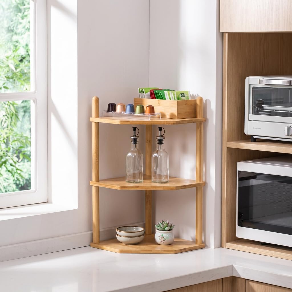 3-Tier Bamboo Corner Shelf,Kitchen Countertop Organizer,Corner Countertop Organizer Shelf, Coffee Bar Organizer,Coffee