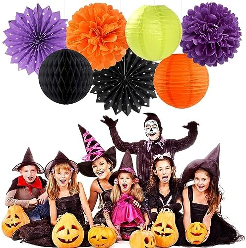 Black-Orange Purple Green Halloween Party-Decorations - 14pc Kit Paper Lanterns Fan,Tissue Flower Pom Poms Streamers,Honeycomb Balls,Birthday Supplie Wedding Baby Bridal Shower Decor Lasting Surprise