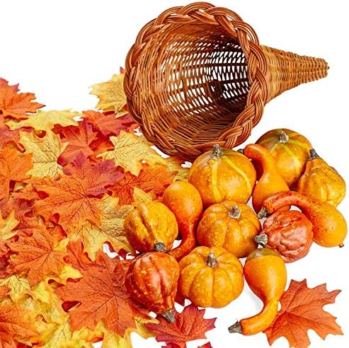 Factory Direct Craft Thanksgiving Cornucopia of Orange Artificial Pumpkins and Gourds with Leaves - Horn of Plenty for Fall Decorating and Displays