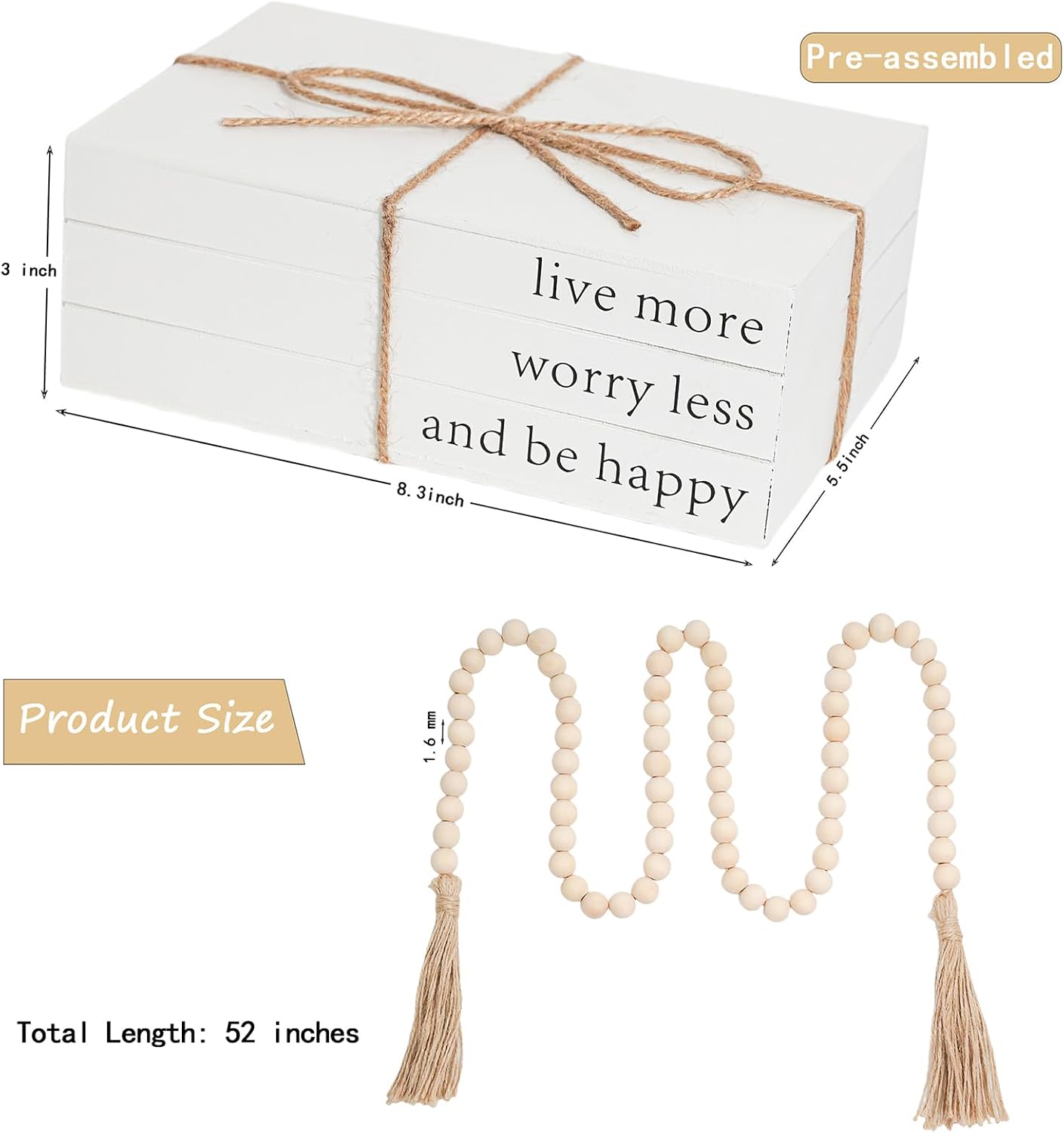 Wooden Faux Book for Decoration / Live More Worry Less