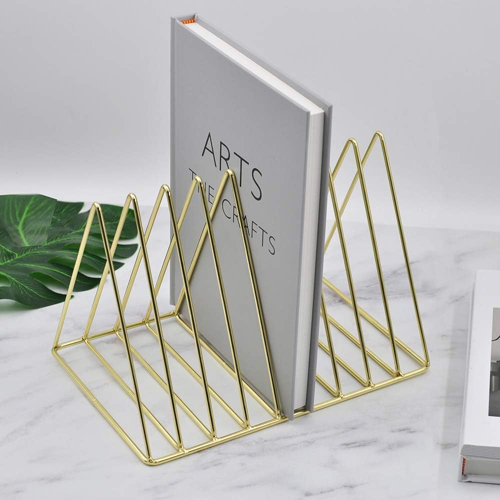 Gold File Holder Organizer, Triangle Record Album Holder Magazine Wire Rack, 9 Slot Multifunction Desktop Storage Decor