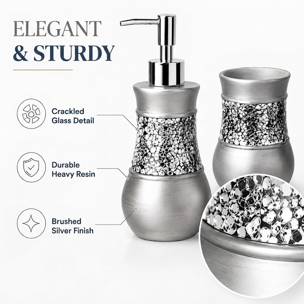Creative Scents 4 Pc. Resin Bathroom Accessory Set | Silver Crackled Glass | Includes Soap Dispenser, Toothbrush