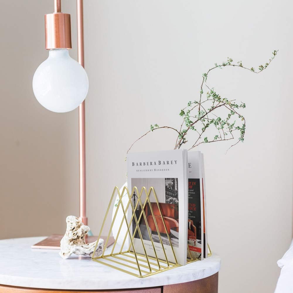 Gold File Holder Organizer, Triangle Record Album Holder Magazine Wire Rack, 9 Slot Multifunction Desktop Storage Decor