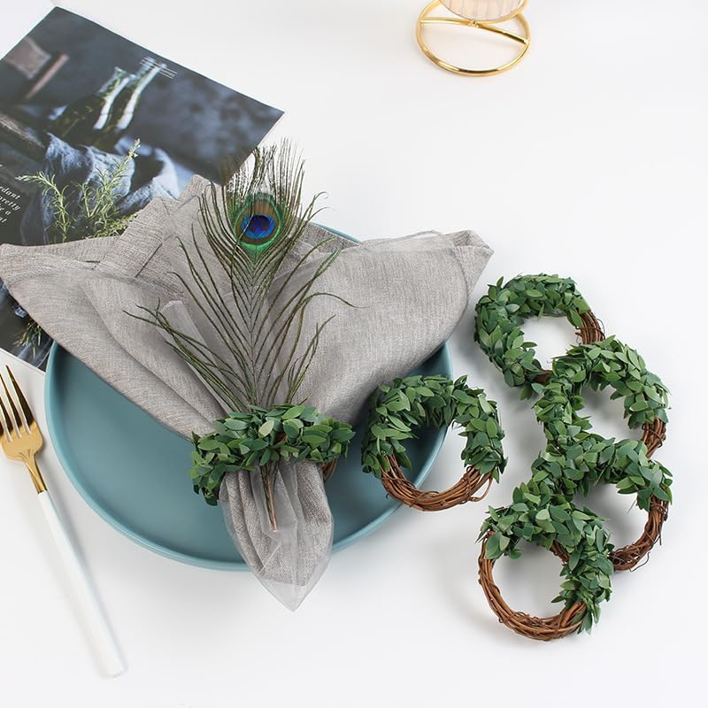 Spring Wreath Farmhouse Napkin Rings Greenery Napkin Holders Rattan / Green Leaves / Set of 6
