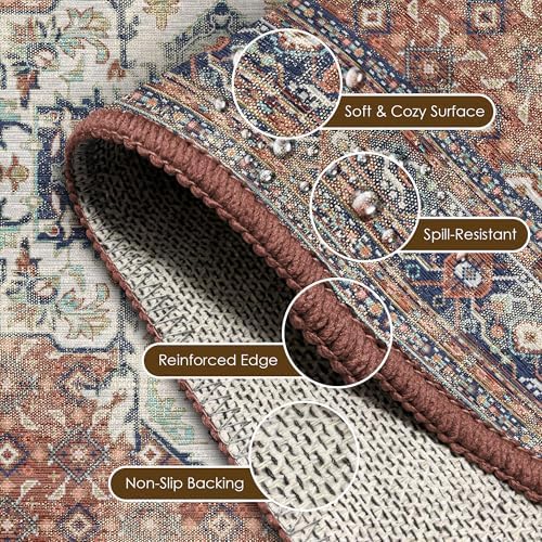 Washable Area Rug 8' x 10' Vintage Traditional Persian Mat - Foldable Distressed Non-Slip Machine Washable Carpet for