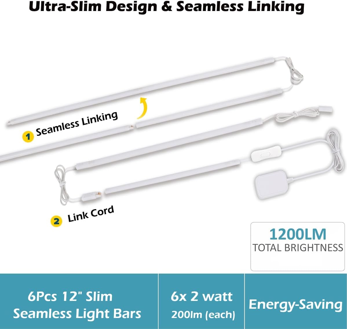 Cefrank 6-Pack Linkable Under Cabinet Lighting, 12" LED Shelf Light Bars | 1200LM Cool White • Plug-in • CRI90+ •