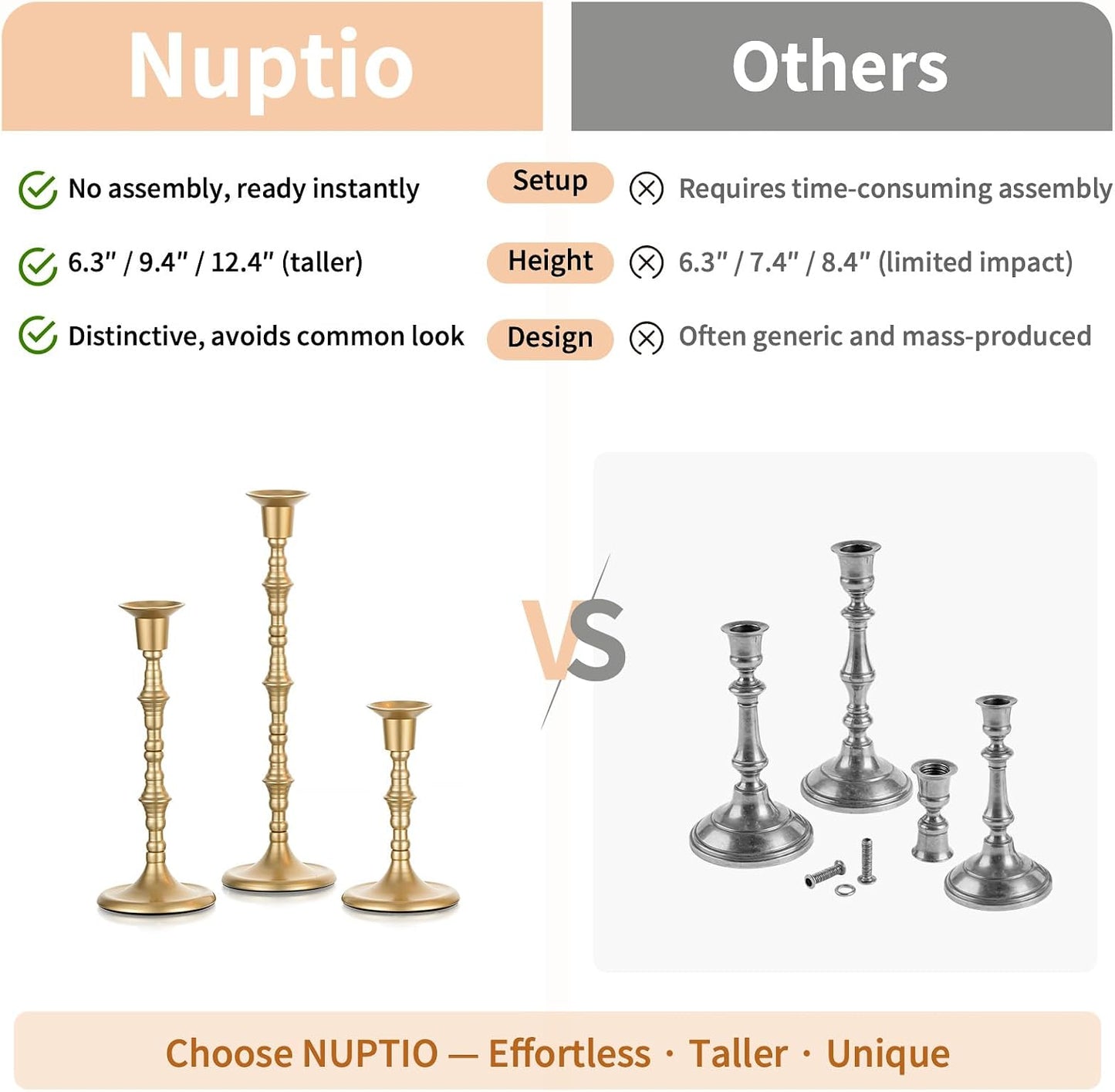 NUPTIO Gold Candlestick Holders for Centerpiece: Unique Taper Candleholders | Set of 3 Tall Assorted Candle Stick