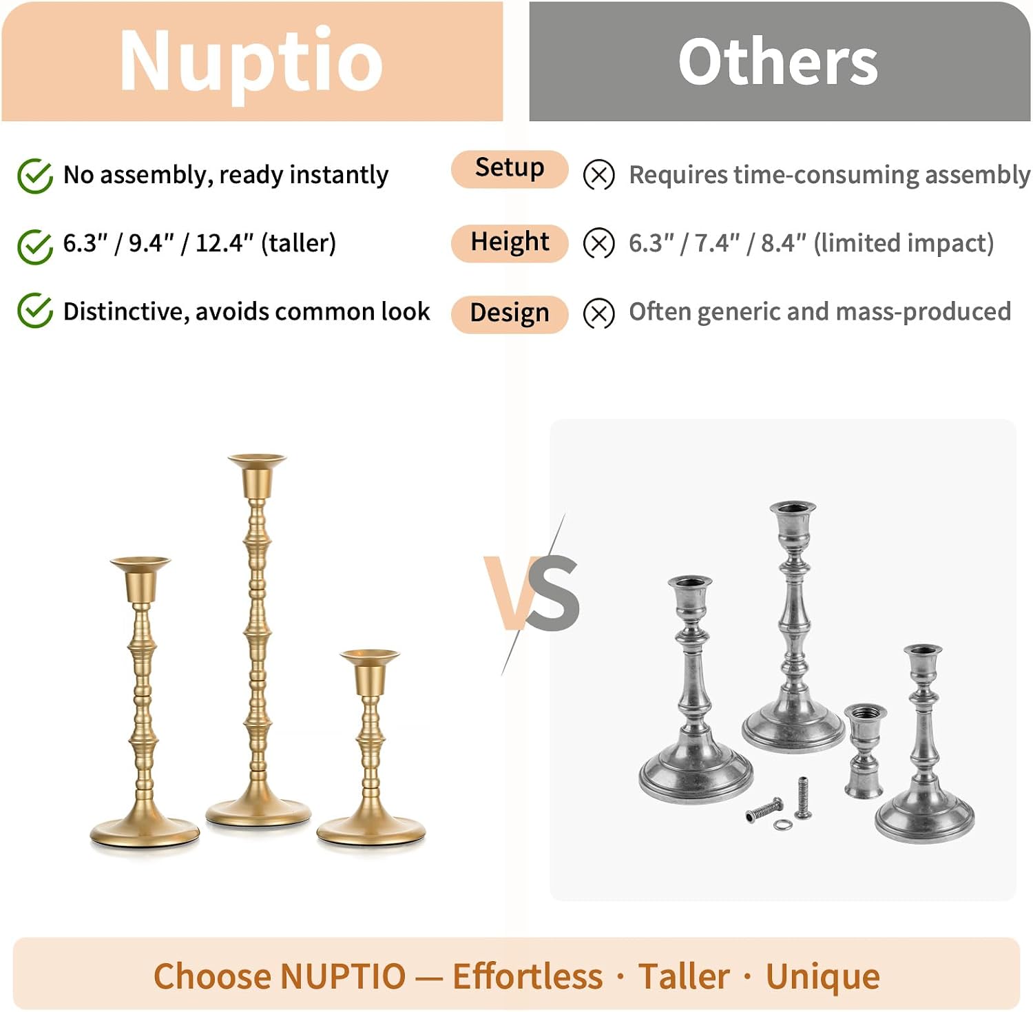 NUPTIO Gold Candlestick Holders for Centerpiece: Unique Taper Candleholders | Set of 3 Tall Assorted Candle Stick