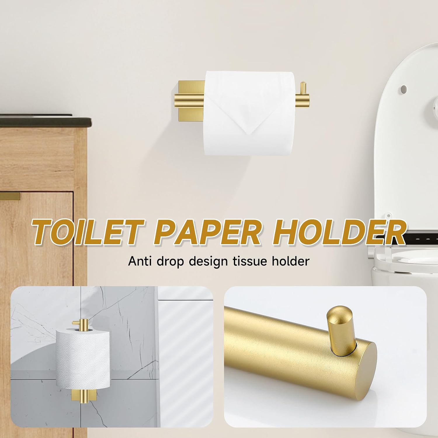 Brushed Gold Toilet Paper Holder Towel Bar Set, 5 Pieces Bathroom Hardware Accessories Set, 23.6 Inch Stainless Steel