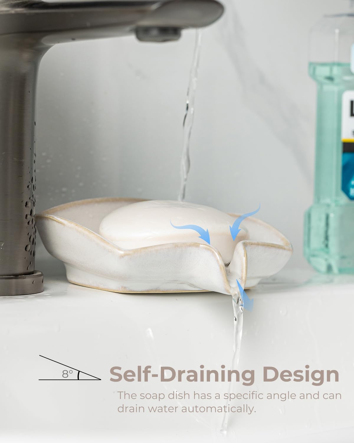 Waterfall Design Bar Soap Holder Self Draining Soap Saver for Shower / Beige White / Rectangular