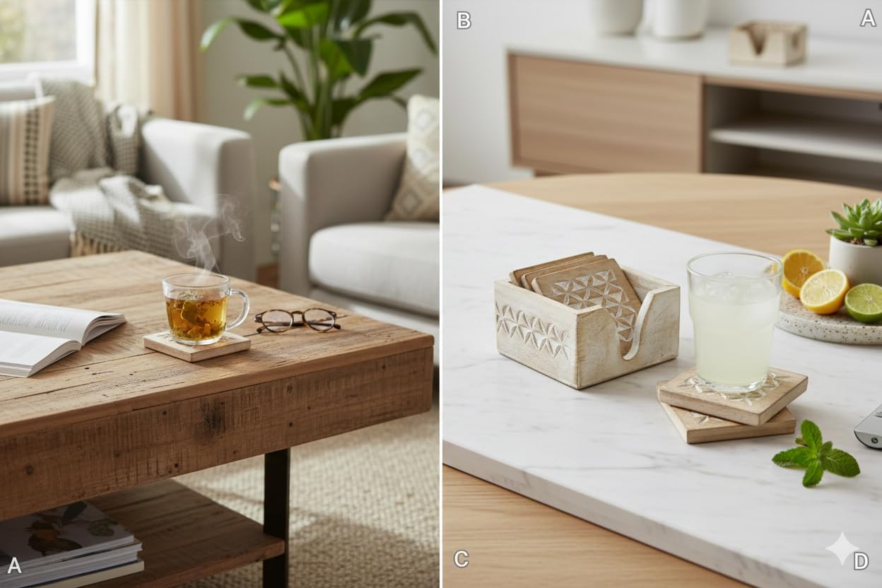 Holder Stand / Wooden Whitewash Coasters / Design4 / White / Set of 6