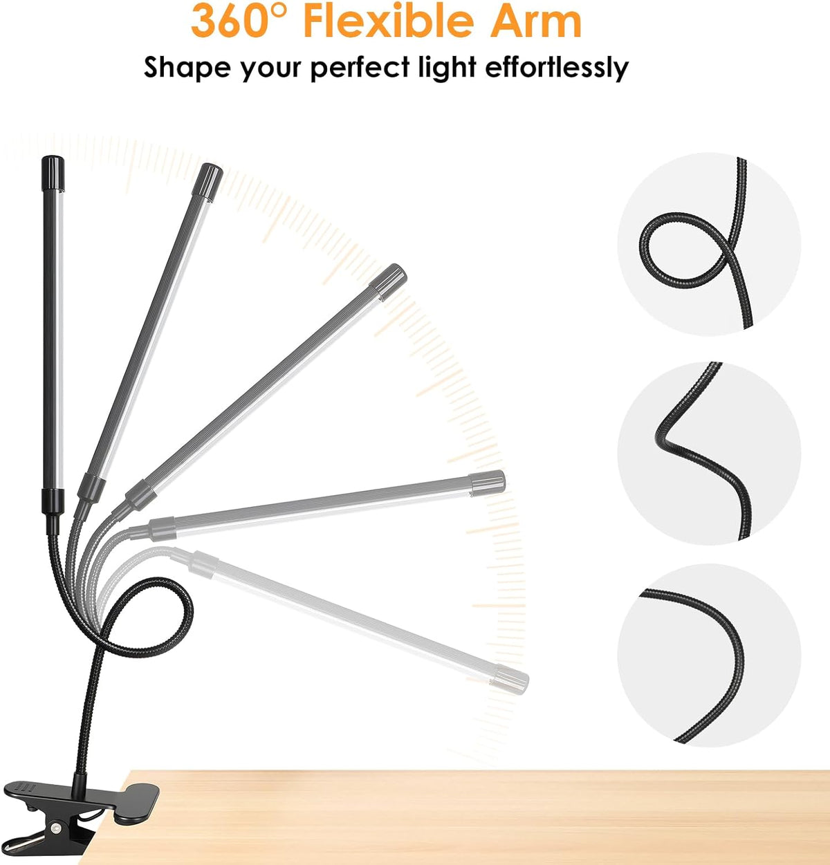 ShineTech 3-Head LED Desk Lamp with Clamp, Eye-Caring Clip on Lights | Ultra-Wide Lighting, 4 Color Modes, Stepless