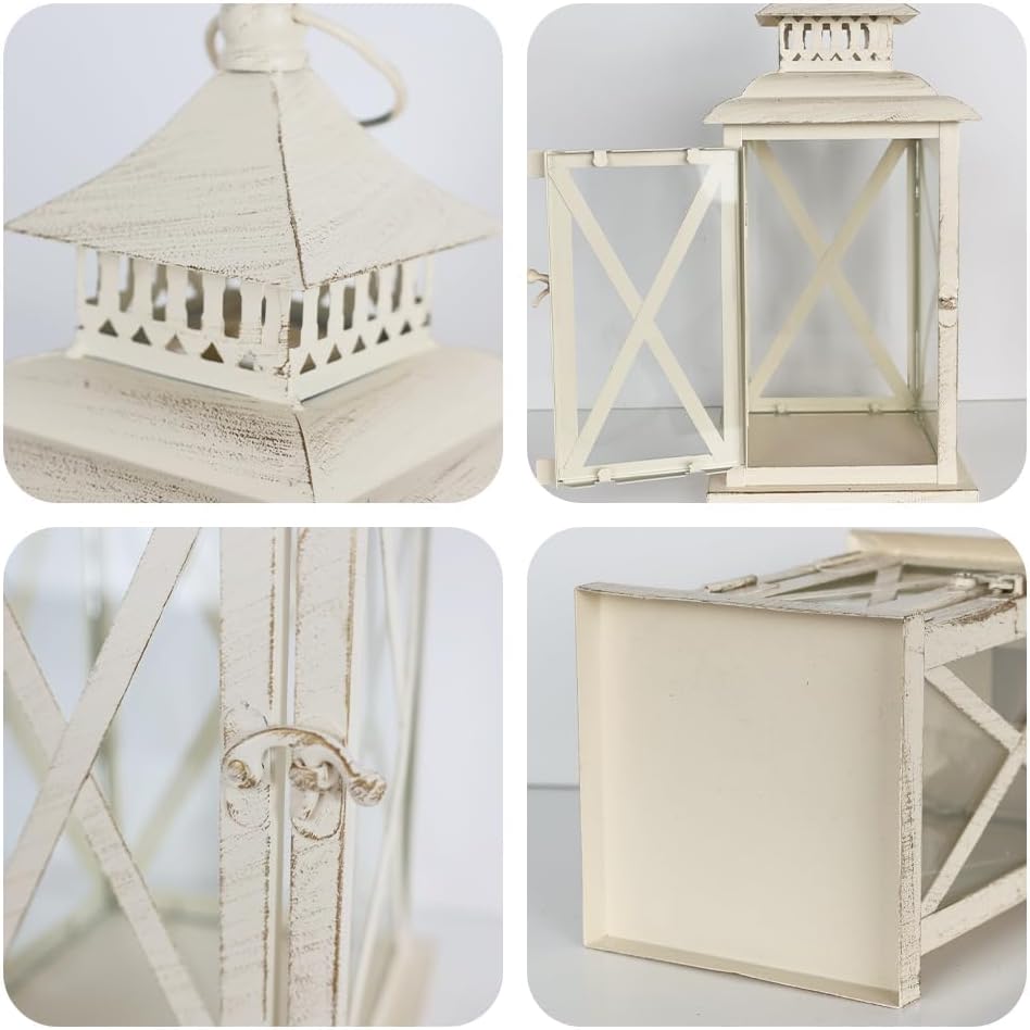Lanterns Decorative Outdoor&Indoor, Set of 2 (14"&10") Beige Metal Lantern Decor with Glass, Candle Holder for Porch