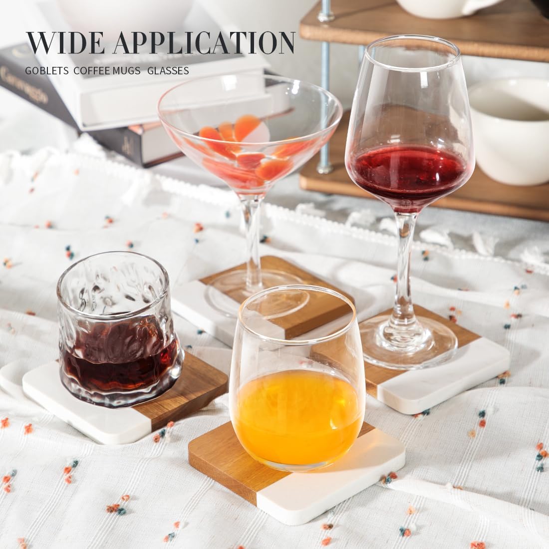 Holder / Acacia Wood Marble Coasters for Drinks / White Marble + Holder / Set of 4