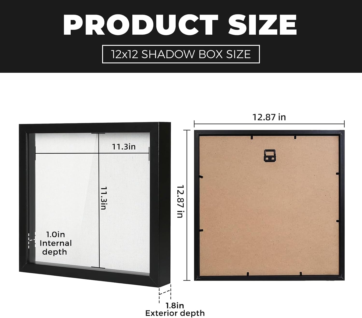 Muzilife 12x12 Shadow Box Wood Picture Frame, Tempered Glass, Black | FSC-Certified MDF | Soft Acid-free Linen Board