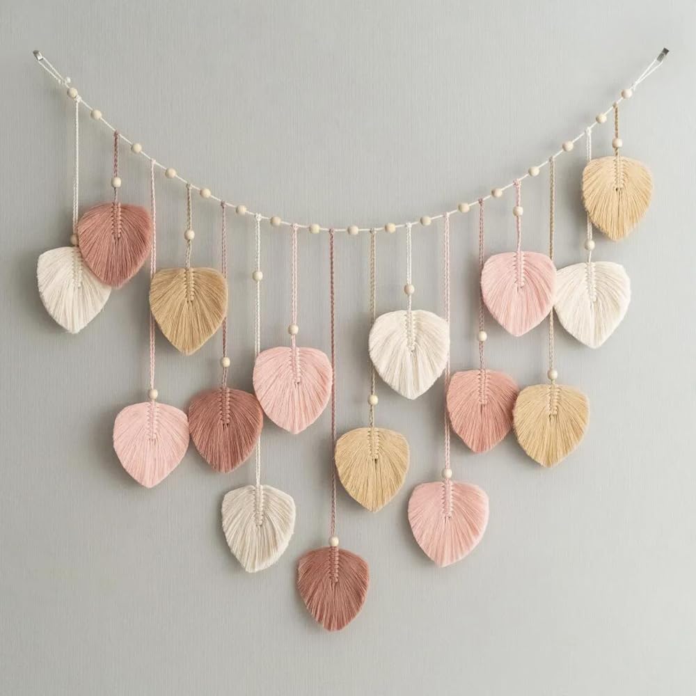 Macrame Leaves Wall Hanging Large Chic Feather Boho Macrame Wall / Pink - 47.3*29.5in / 47.3 x 29.5