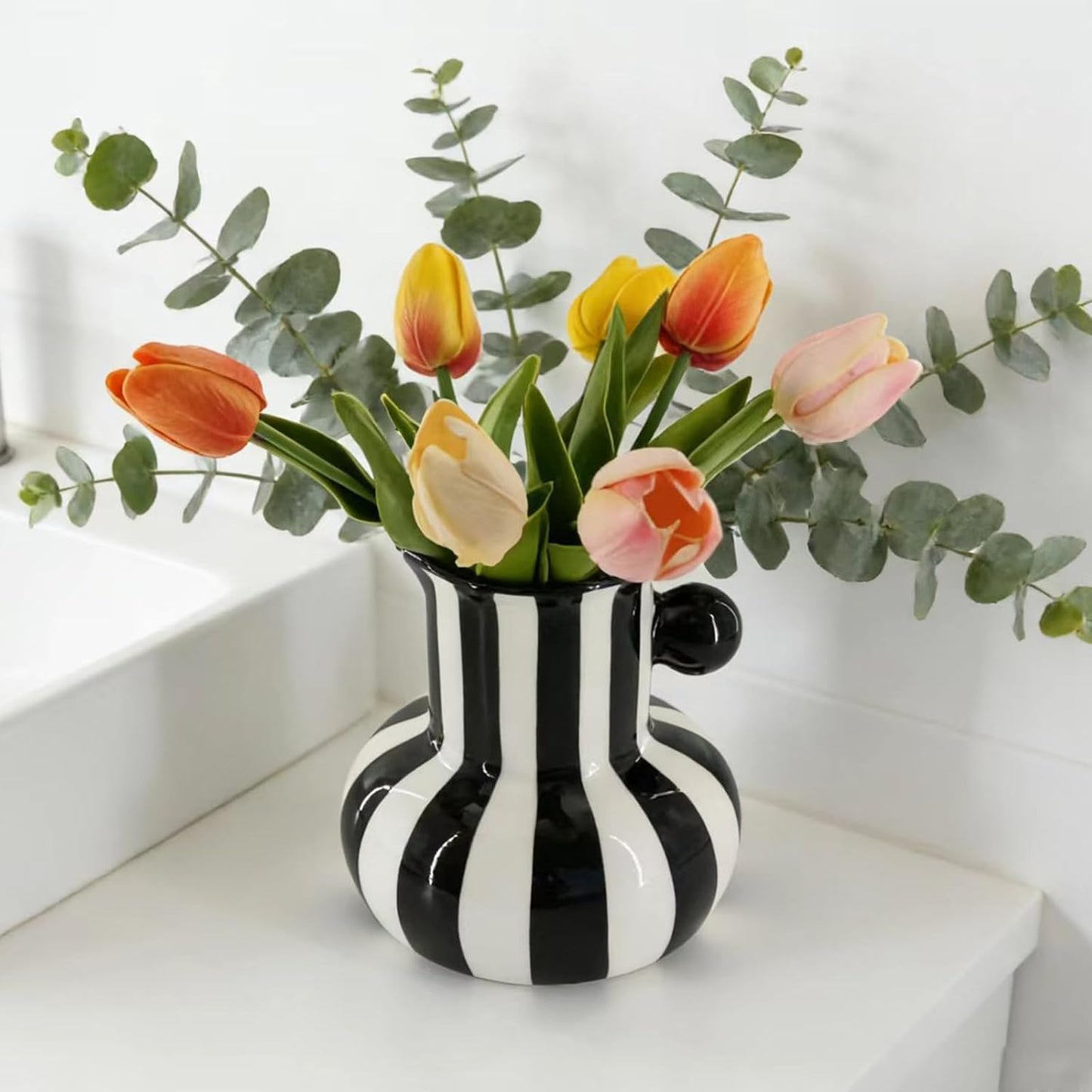 White Striped Ceramic Vase / Black