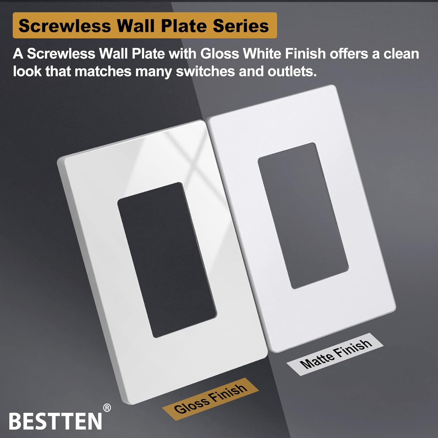 50 Pack BESTTEN 1 Gang Screwless Wall Plate, USWP4 Glossy Off White, Decorator Outlet Cover, Light Switch Face Plate