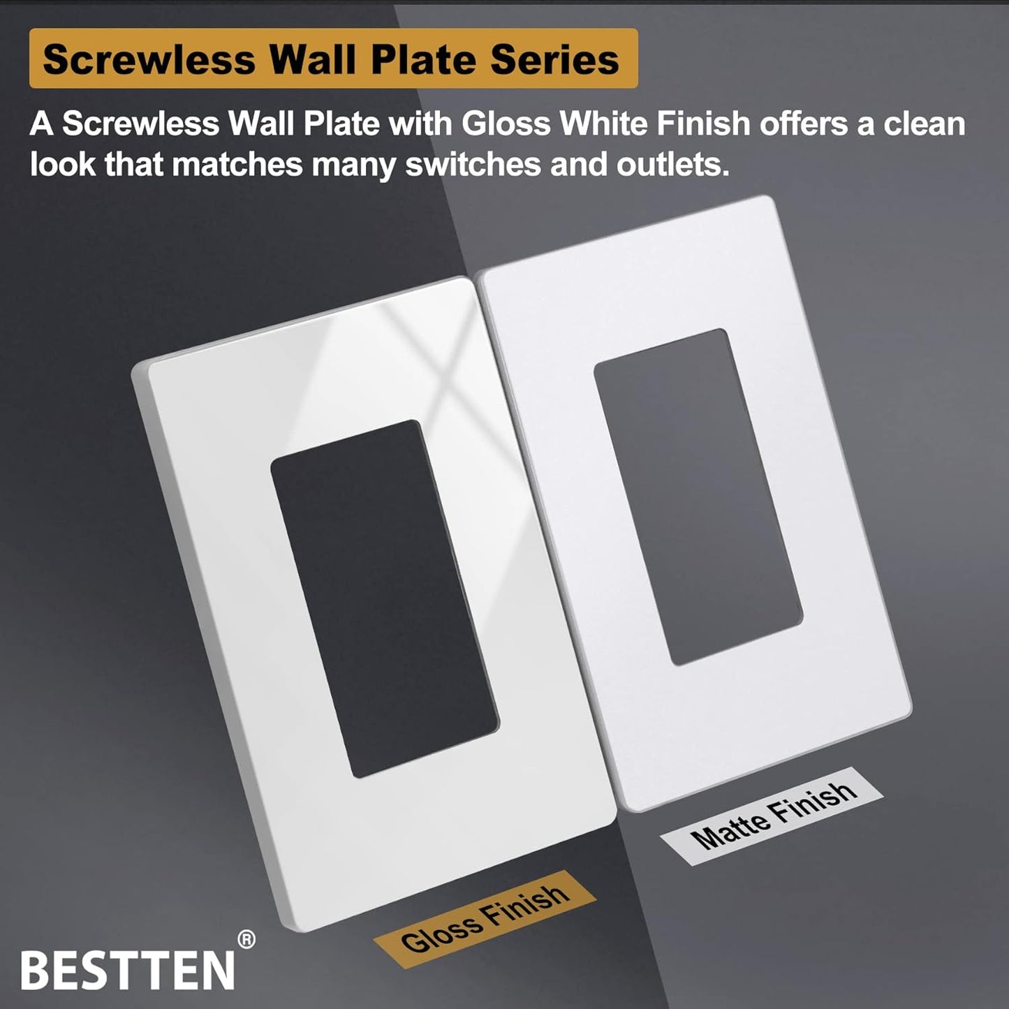 BESTTEN [40 Pack] Mid-Size Screwless Decorator Wall Plate, Midway Receptacle Outlet Cover, Midsized 1 Gang Switch
