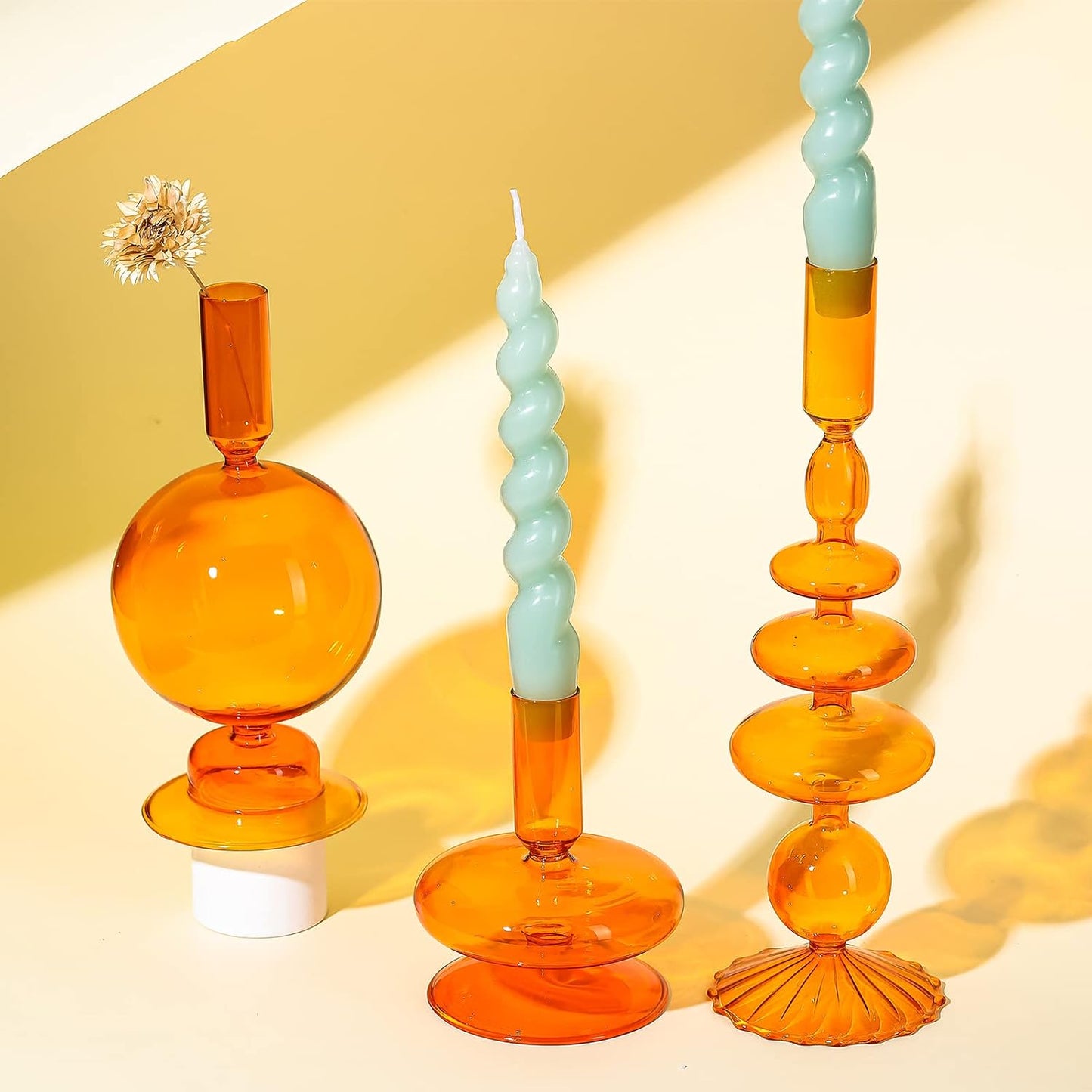 Rtteri 3 Pcs Glass Candle Holder Groovy Wavy Taper Candle Stick,Brown | Taper Candles Holder, Wavy Glass Holder Stable