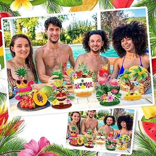 Namalu 16 Pcs Hawaiian Table Decorations Luau Table Centerpieces Aloha Tiki for Tropical Pineapple Centerpieces Hawaii Theme Summer Beach Birthday Party Supplies(Hawaiian Theme)