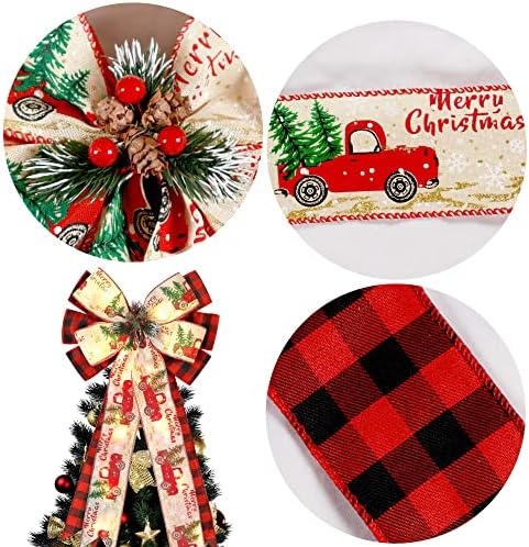 Christmas Tree Topper Bow with 30 LED Lights Decorations, 13”x25” Xmas Large Red Black Buffalo Plaid Rustic Farmhouse Wreath Bows with Truck Berries Pine Cones Pine Needles for Front Door Outdoor
