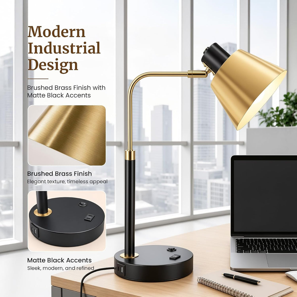 Desk Lamp with USB-C, USB-A and AC Outlet, Adjustable E26 Table Lamp for Home Office and Bedside Reading, Matte Black