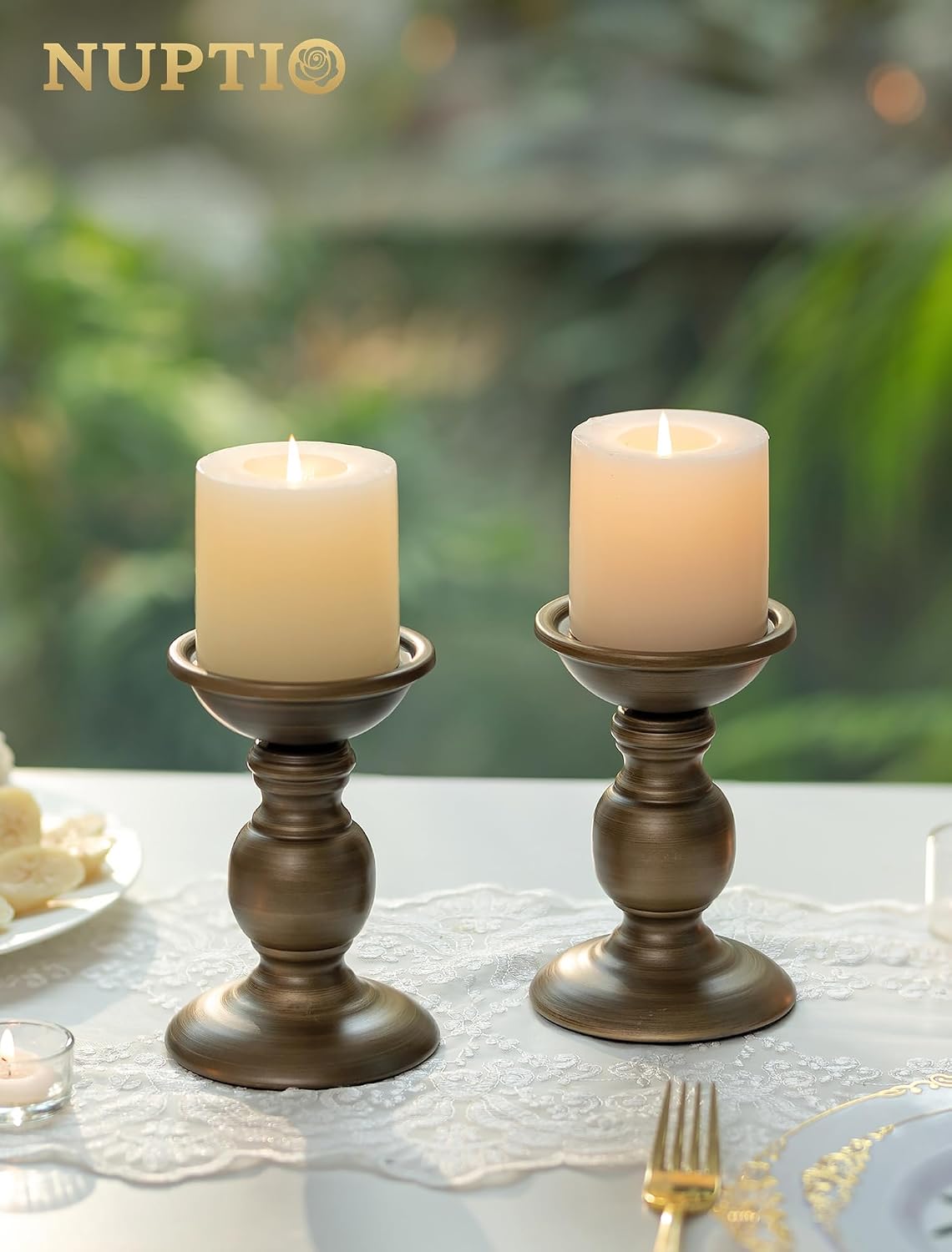 NUPTIO Bronze Candle Holder for Pillars: Candle Stand for 3 inches Candles | (2 x S) Iron Candle Centerpieces for