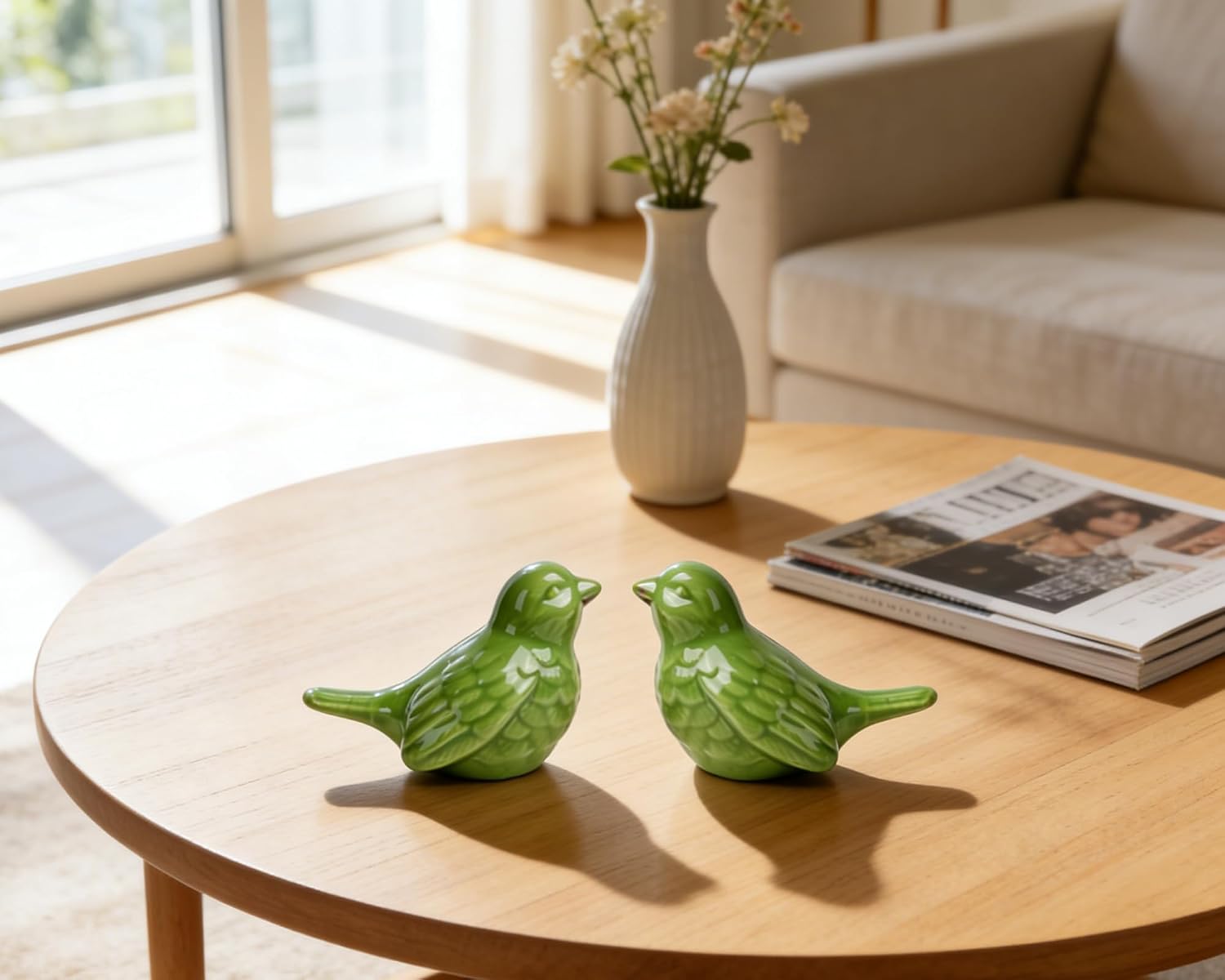 Ceramic Bird Figurines / Green / 3.75 Inch / Set of 2