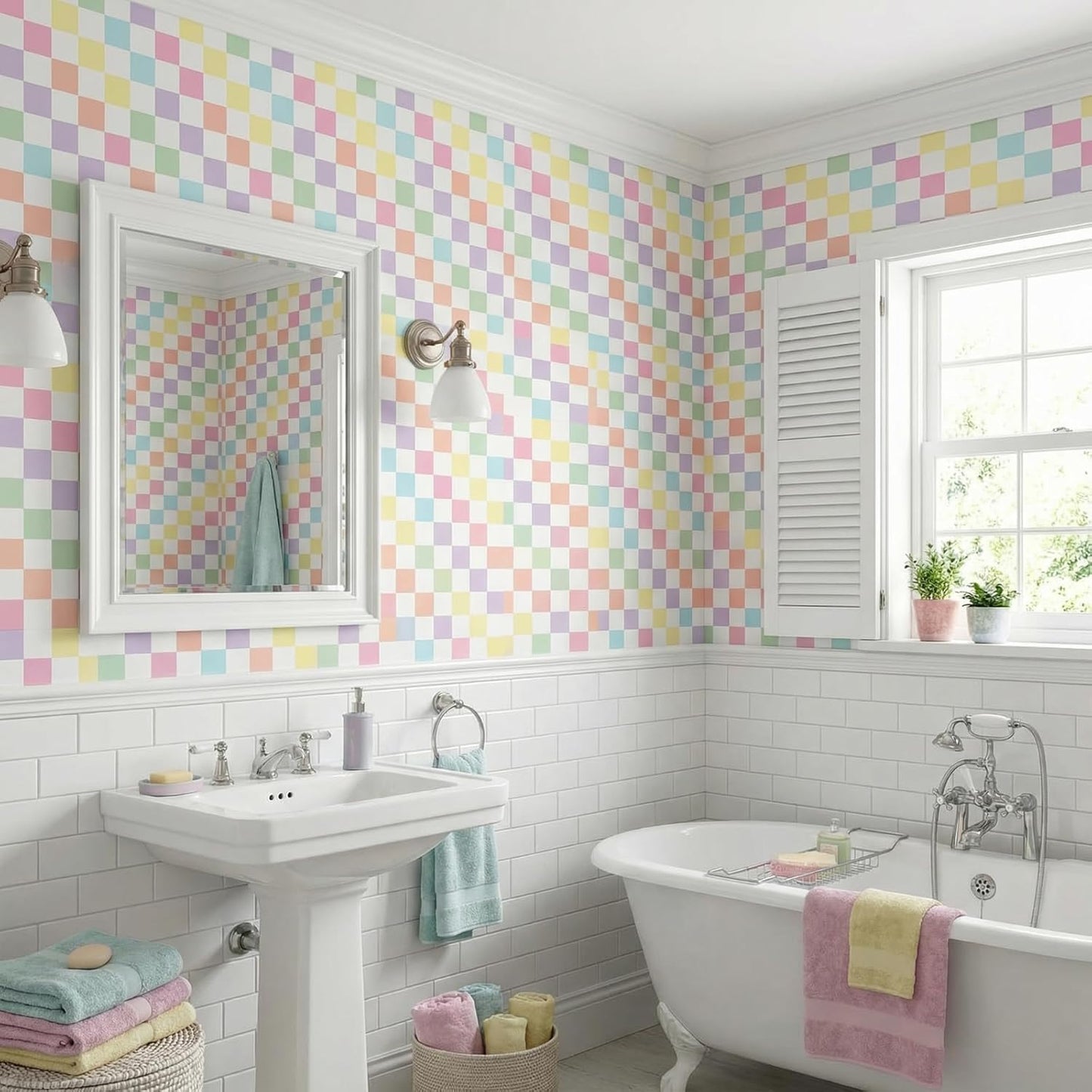 Checkers Wallpaper Peel Stick Contact Paper in Rainbow Checkered / Pastel / 15.8 x 118.1 / Checker