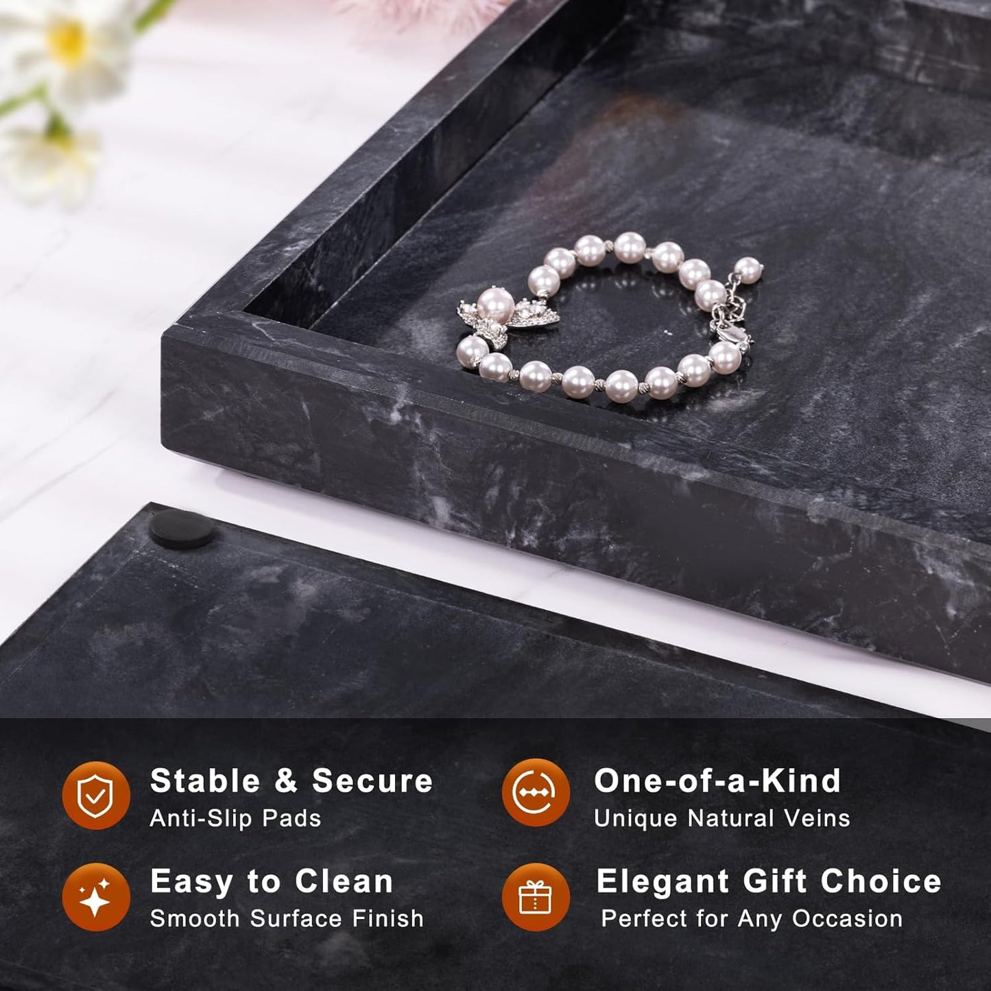 Marble Bathroom Tray for Countertop & Home Decor / Gray Black