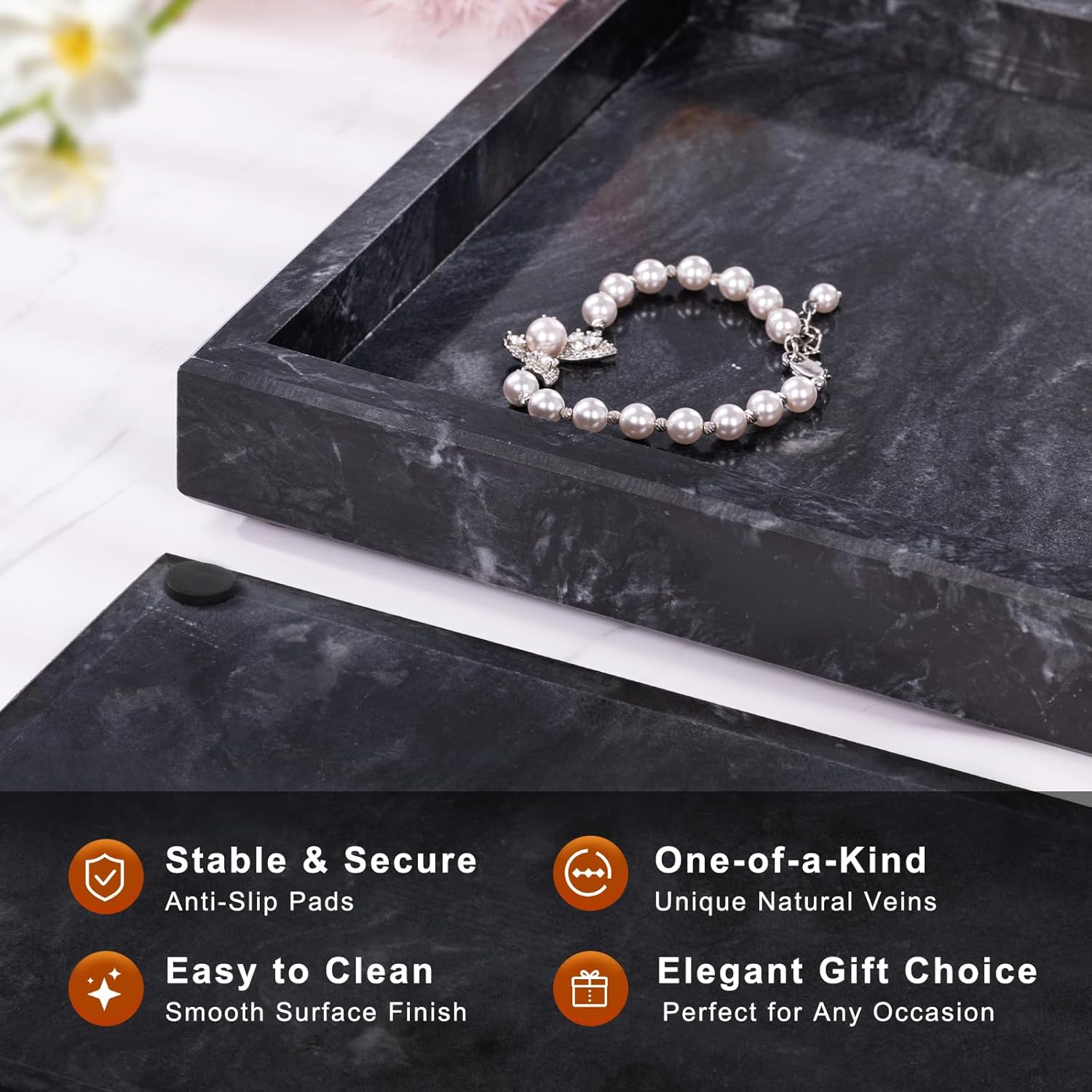 Marble Bathroom Tray for Countertop & Home Decor / Gray Black
