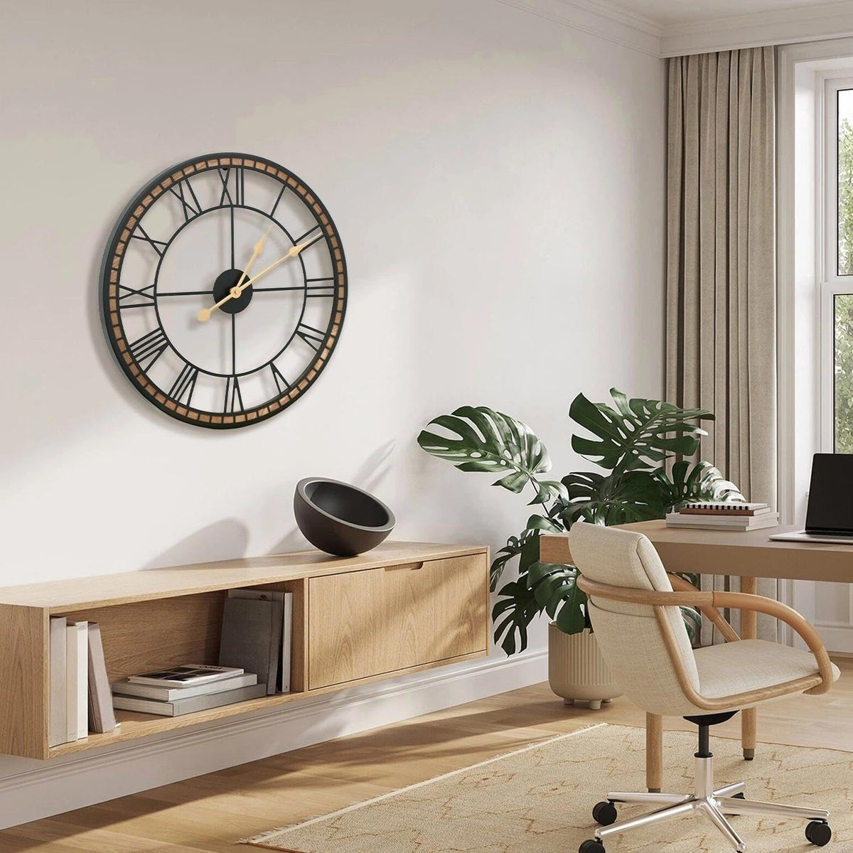 Micasso Modern Farmhouse Decorative Clock: 20 inch Battery Operated | Metal Wood Frame with Metal Center - Roman