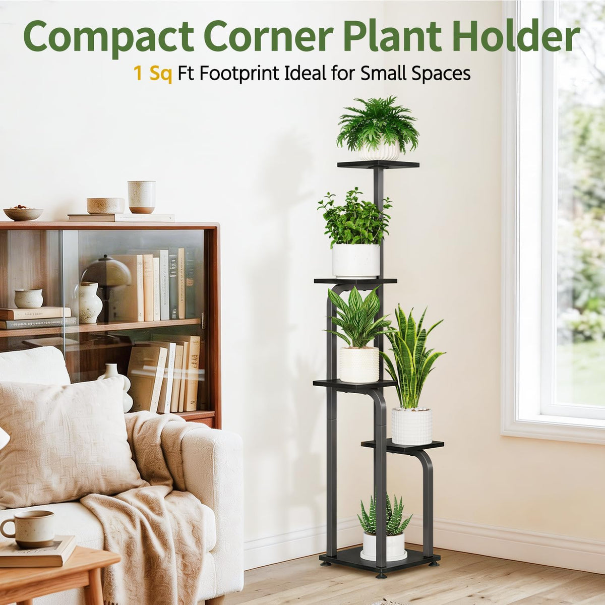 LASZOLA Plant Stand Shelf Tall for Indoor Corner Flower Rack, 5 Tier Black | Modern Multiple Display with Wooden Tray