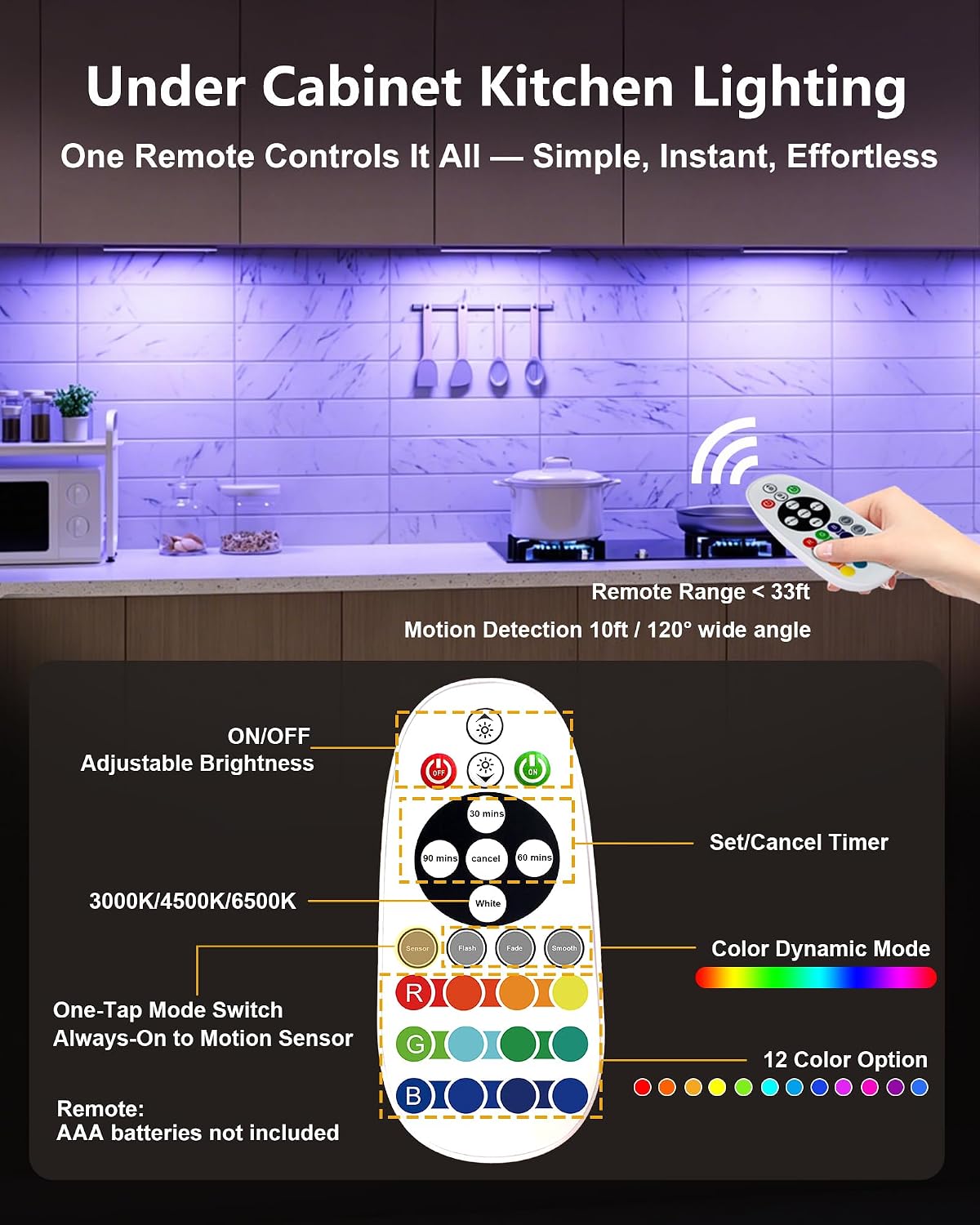 SZOKLED 58-LED Under Cabinet Lighting Wireless, RGB Motion Sensor Night Lights, Magnetic Under Cabinet Lights for