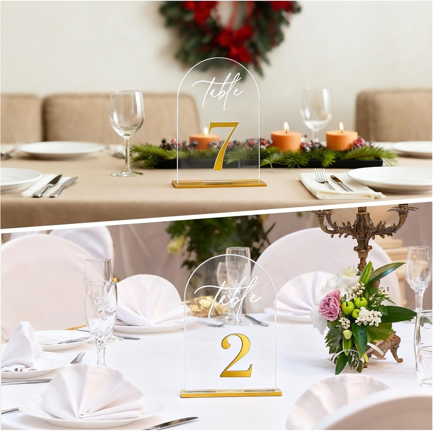 1-25 Arch Acrylic Wedding Table Numbers with Stands 5x8 Inch Signs | Transparent acrylic, golden letter print, sturdy