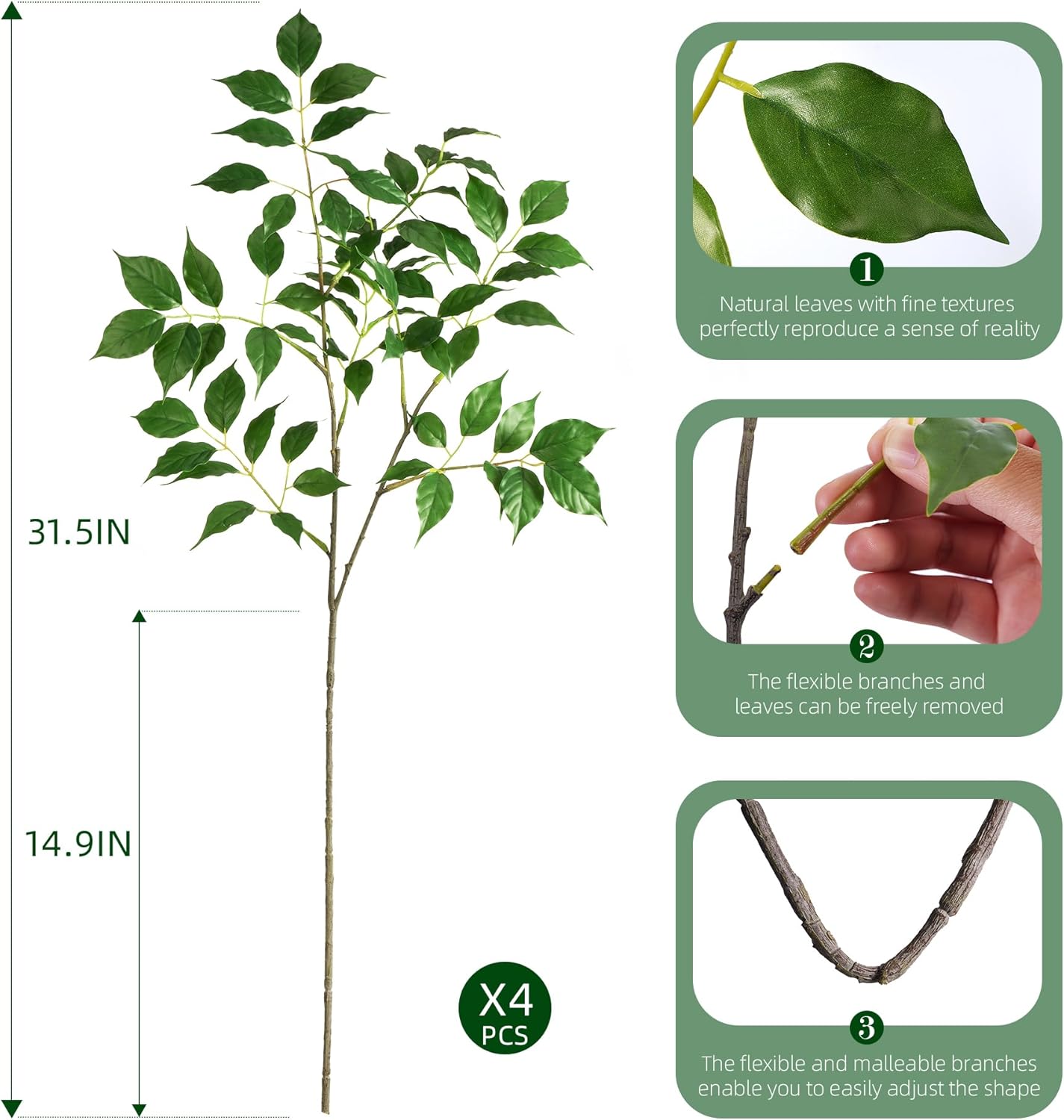 Fake Plants Faux Eucalyptus Stems Artificial Greenery Stems / Green-rsy4 / 31.5 Inch / Set of 4