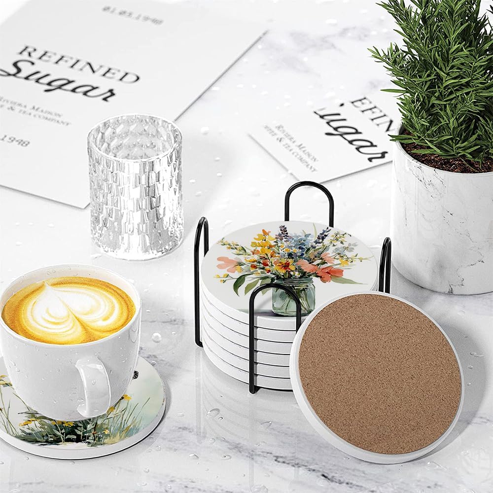 Holder / Spring Drink Absorbent Coasters / Wildflowers / Round / Set of 6