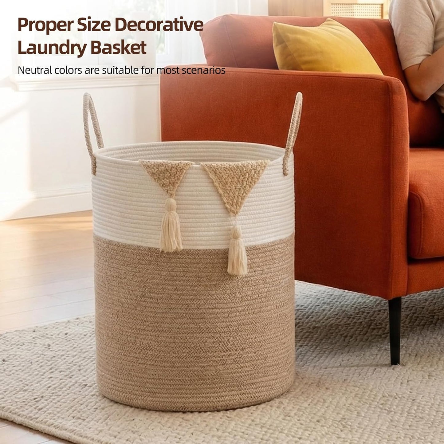 Cotton Rope Woven Basket for Blankets / Brown/white / 60L