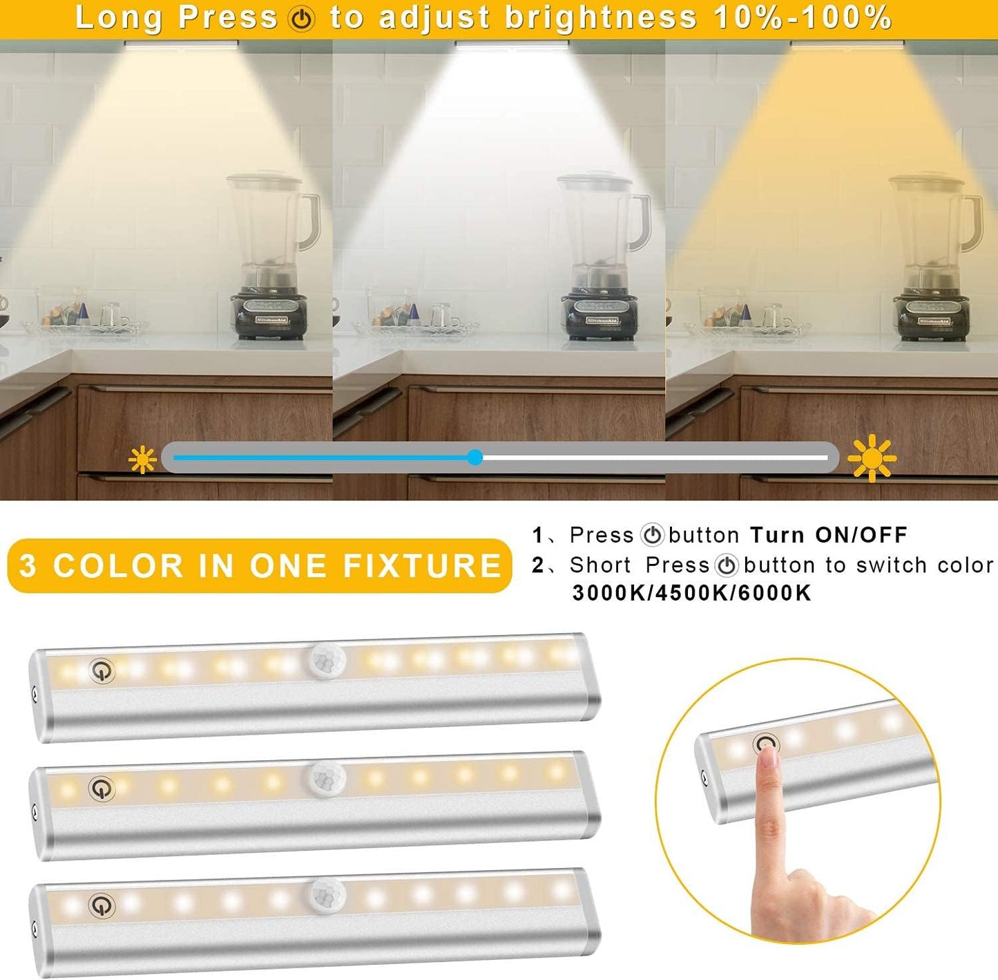 Under Cabinet Lighting with Remote, 3 Color Temps,4 Pcs | Wireless Rechargeable, 20-LED Dimmable, 10 Level Brightness