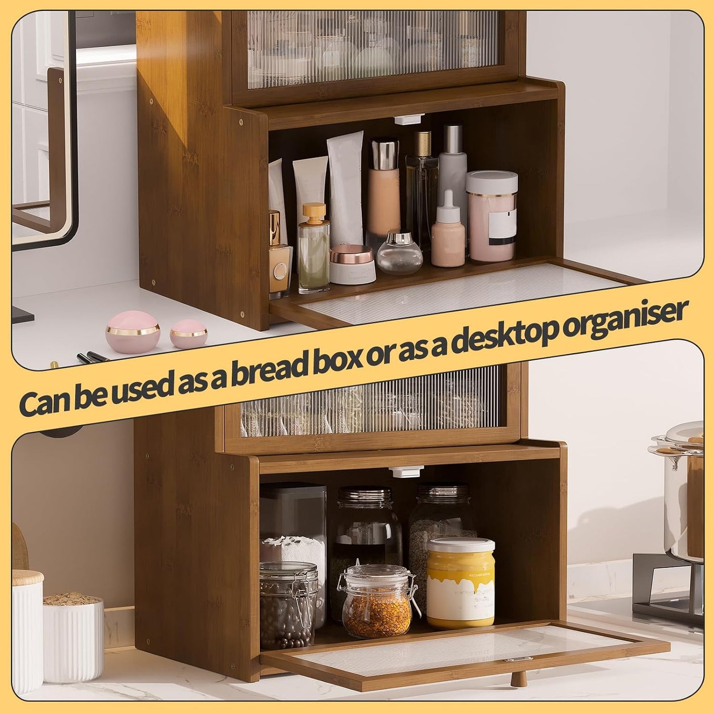 Double Layer Bamboo Bread Box for Kitchen Counter,Bread Holder,Countertop Bread Storage with Window (Brown)