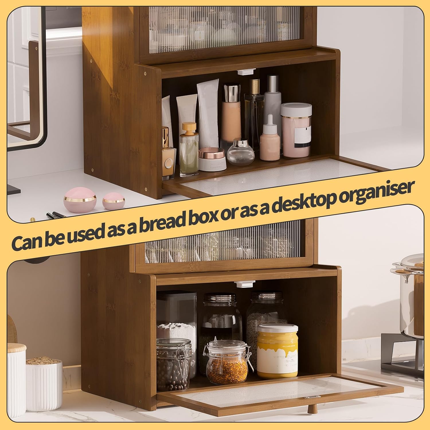 Double Layer Bamboo Bread Box for Kitchen Counter,Bread Holder,Countertop Bread Storage with Window (Brown)