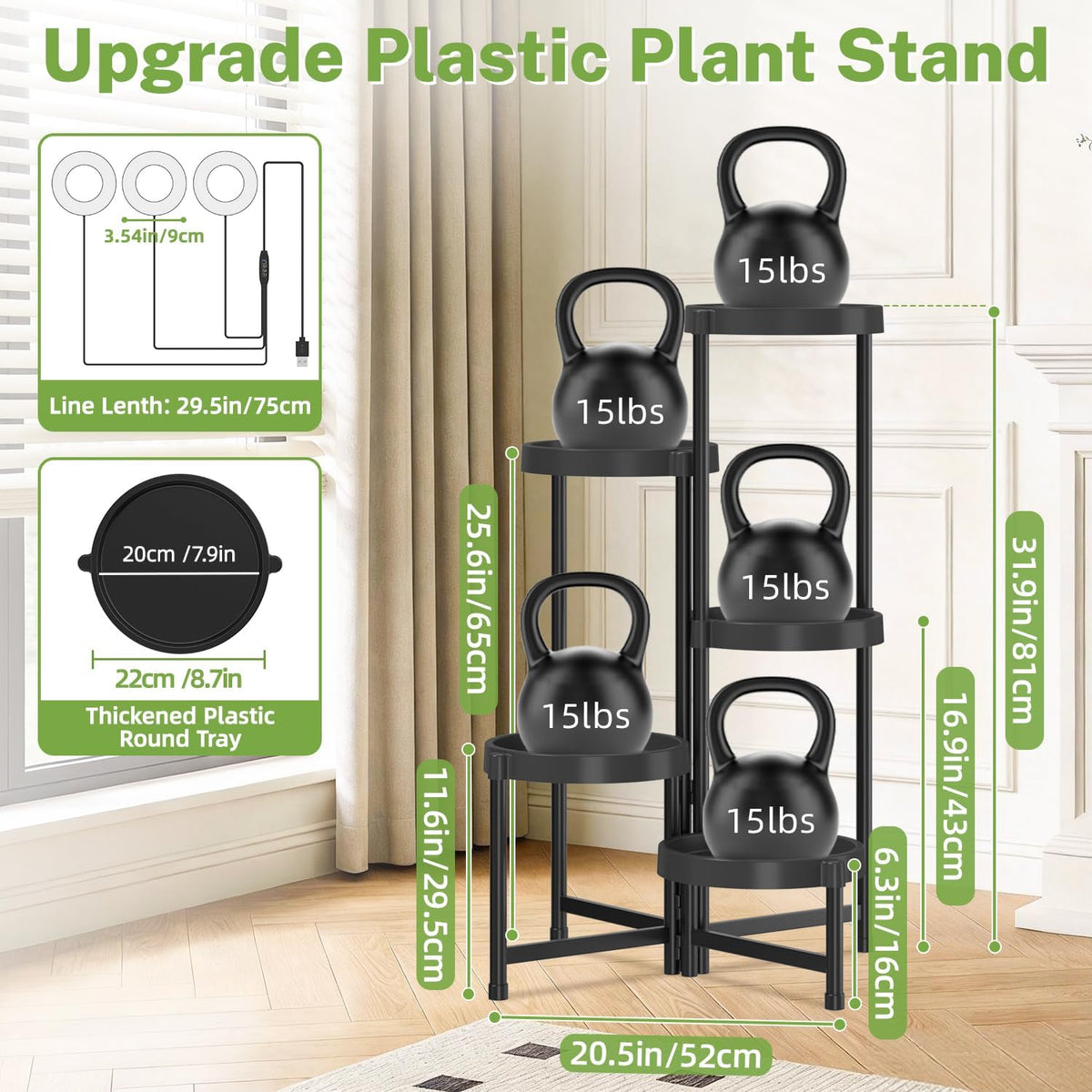iDavosic.ly 5 Tier Folding Plastic Plant Stand Indoor, Grow Light, Black | Space Saving Tiered Corner Storage Display