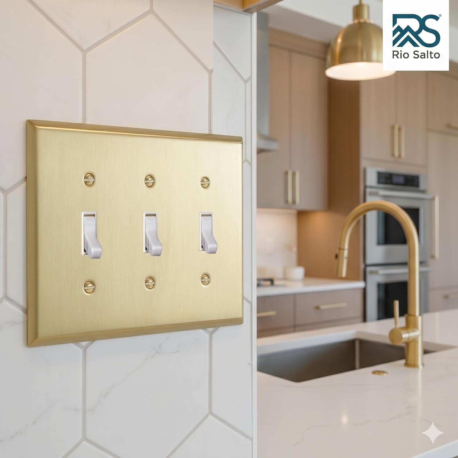 Rio Salto BRASS Brushed Brass Gold Metal Triple Toggle Switch Plate Flip Switch Outlet Covers Light Switch Cover Wall