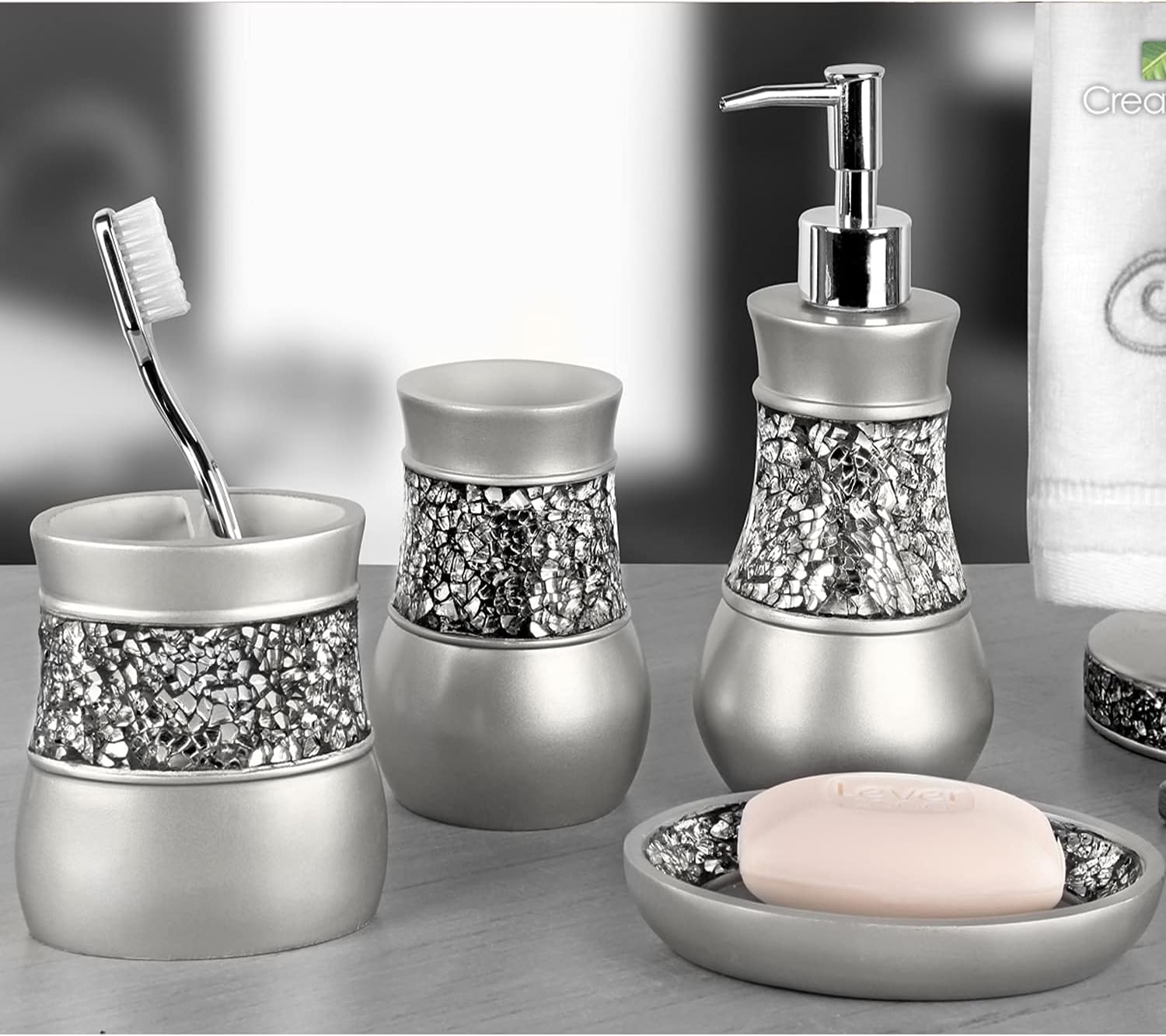 Creative Scents 4 Pc. Resin Bathroom Accessory Set | Silver Crackled Glass | Includes Soap Dispenser, Toothbrush